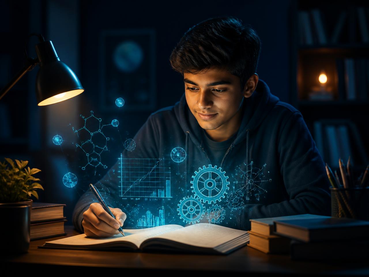 Student studying at night with glowing science and data diagrams above the desk