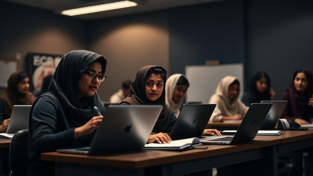 Students studying together in a modern classroom