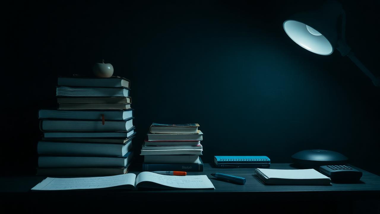 Study desk with textbooks, notes and a lamp
